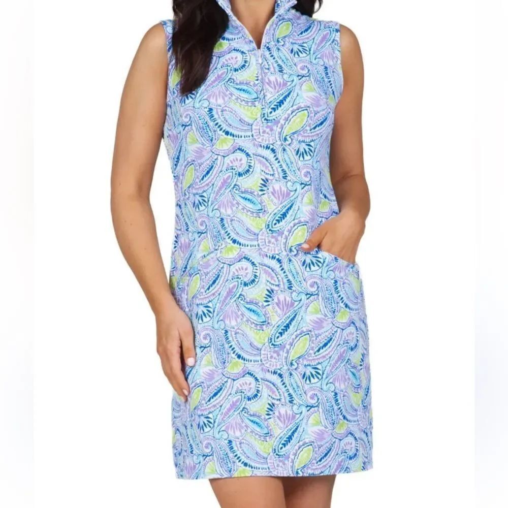 IBKUL Blue Green Paisley UPF 50+ Quick Dry Golf Athleisure Sleeveless Mock Dress